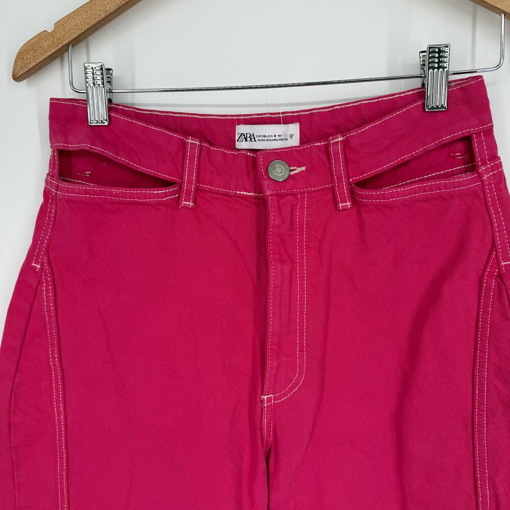Hot pink Cut Out Zara Jeans. Size 6 and high waisted Straight Wide Leg Barbie - Picture 3 of 7